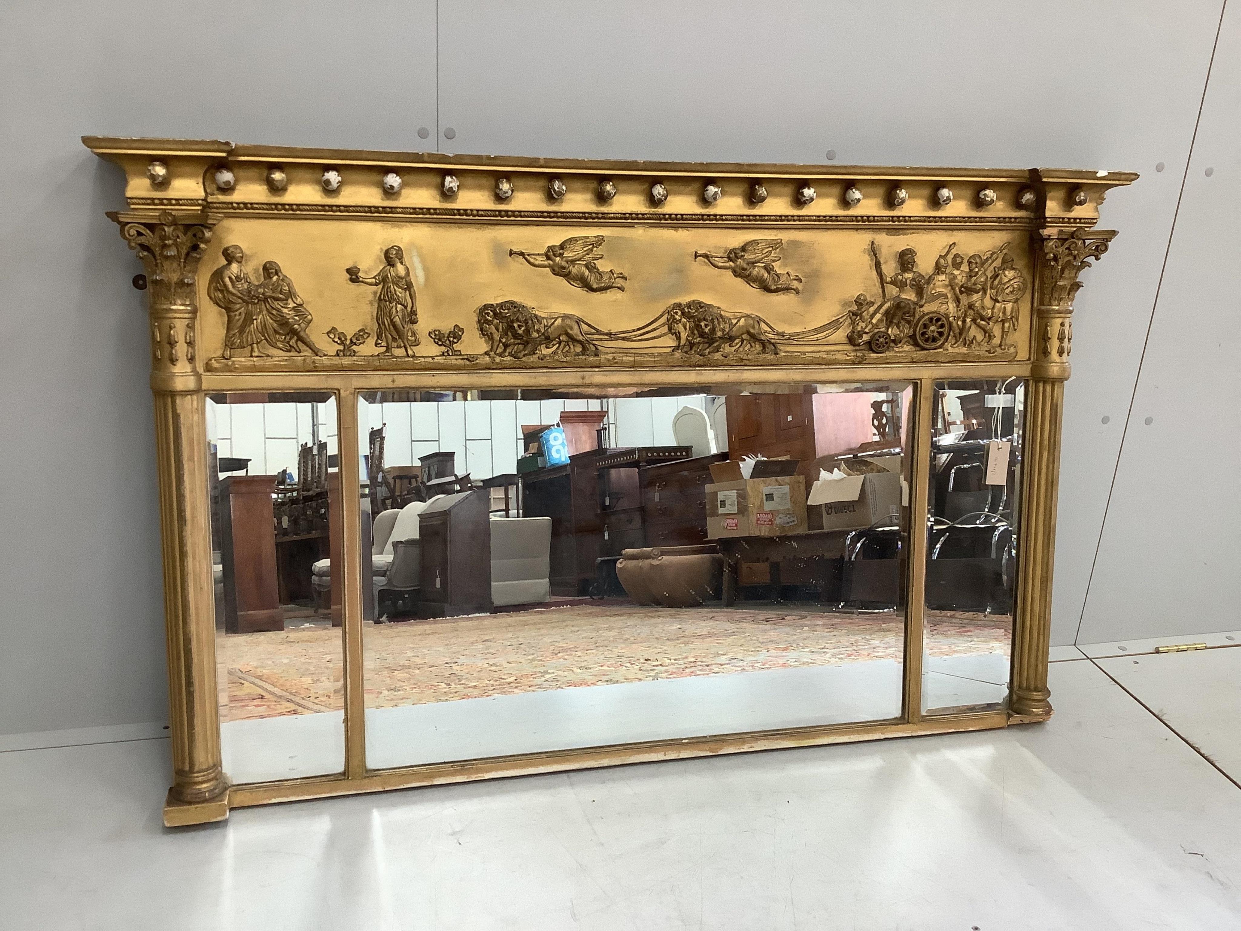 A Regency giltwood and composition triple plate overmantel mirror, width 148cm, height 90cm. Condition - fair